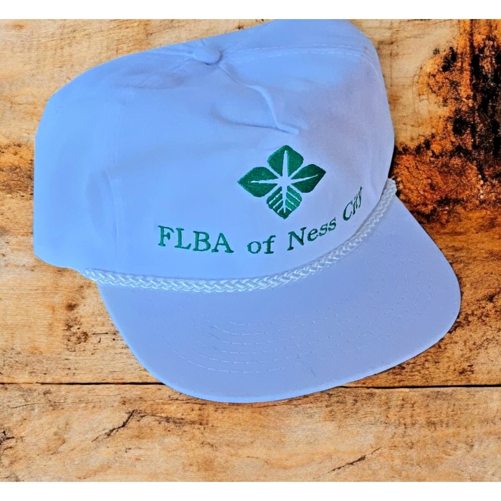 Vintage "FLBA of Ness City. KS," Trucker Hat Baseball Cap Slide Rope White